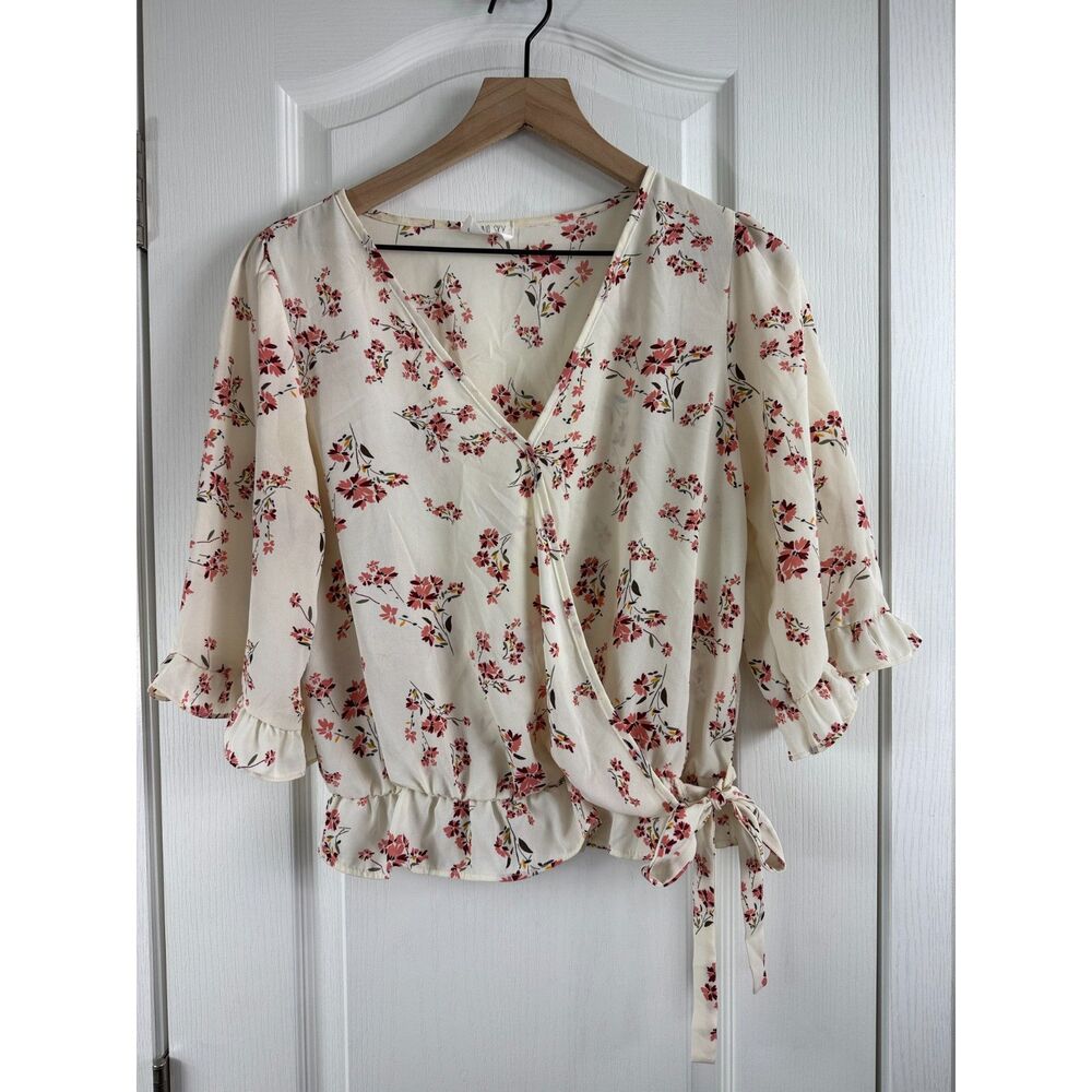 Sienna Sky Women’s S Ivory Floral Wrap Blouse Tie Waist Ruffle 3/4 Sleeve